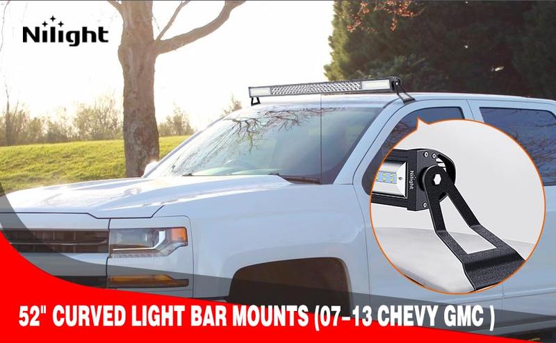 Nilight 52 Inch Curved Light Bar Bracket at Upper Windshield Roof Cab for 2007-2013 Chevy Silverado Suburban Avalanche Tahoe & GMC Yukon Sierra (Pair)