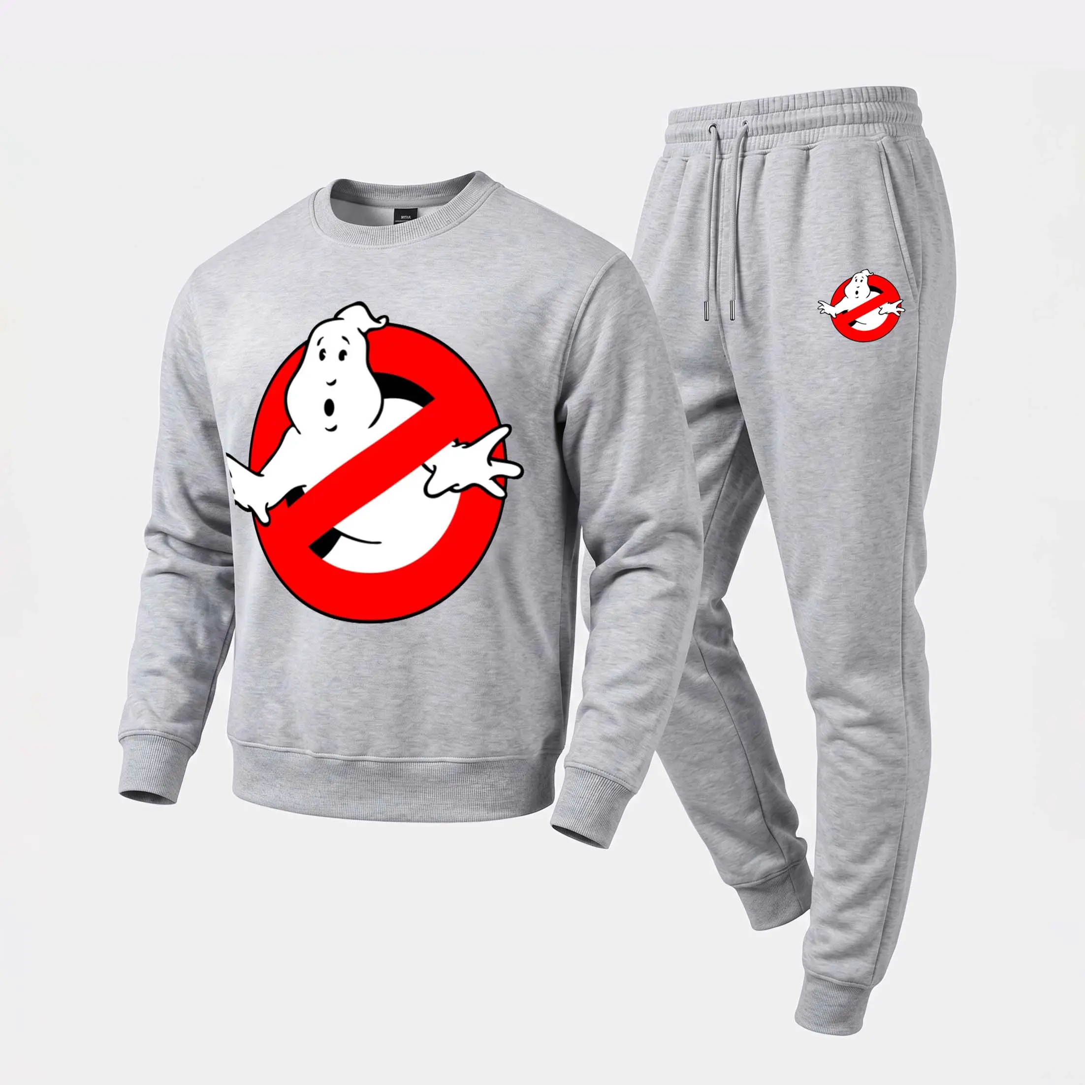Men's Ghost-Catching Crewneck Sweatshirt and Jogger Pants Set, Casual Long Sleeve Pullover with Drawstring Sweatpants, Fall Winter Tracksuit for Daily Wear, Travel, Lounge, Workout and Indoor Outdoor Activities