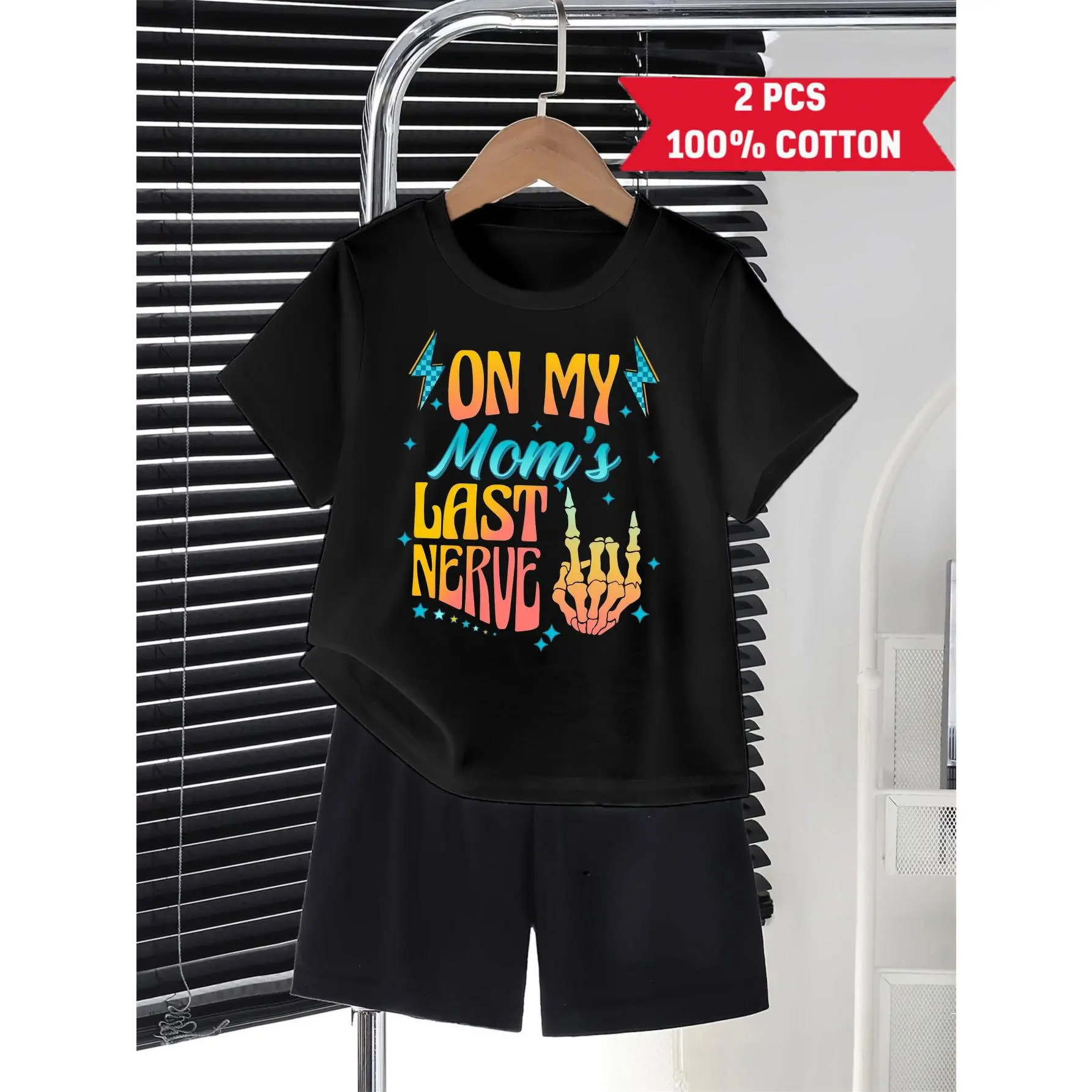 Set of 2 New Summer Boys' T-Shirt And Shorts with Hand Gesture, Made of 100%, Ideal for Outdoor Activities