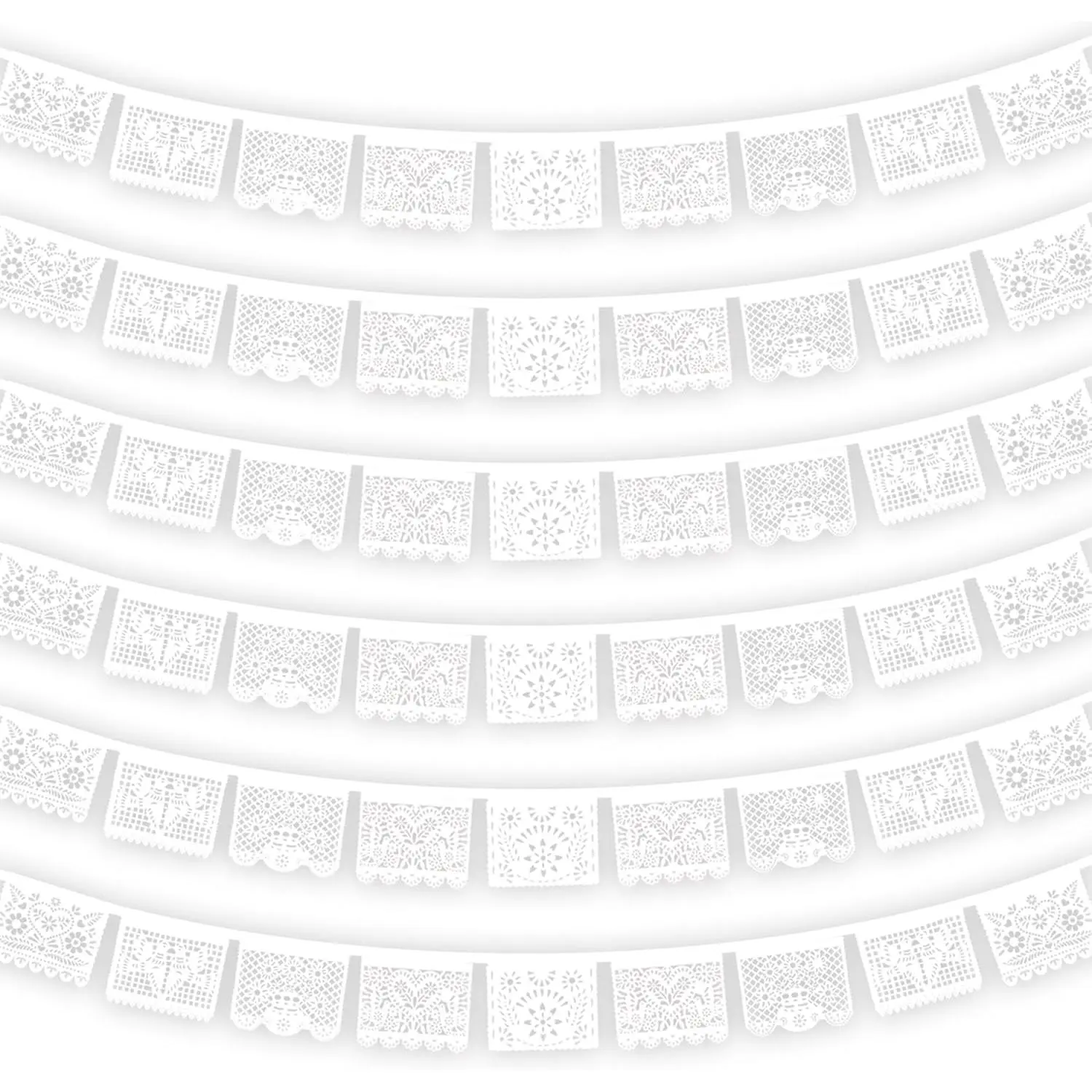 Traditional Waterproof Lightweight White Papel Picado Banner Set - 6 Packs 108Ft Unisex Mexican Wedding Decor, Cinco de Mayo Party Supplies, Home Festive Backdrop, Water Proof, Decorative Wall
