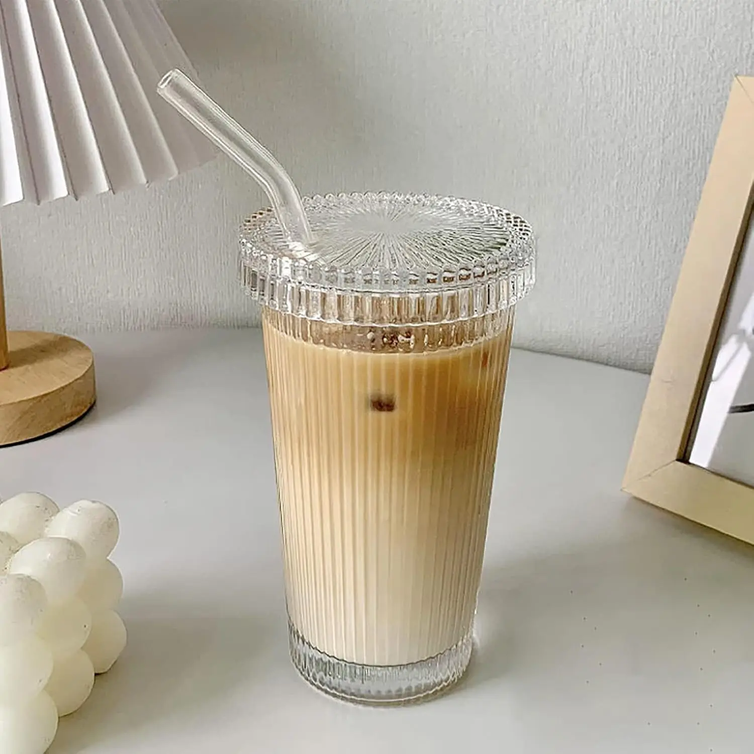 Glass Tumbler Stripe Glass Cup Coffee Cup With Lid and Straw  DON'T SECURE 12.5 oz Drinking Glasses for Water,Iced Coffee,Milk,,Juice (A-Stripe)
