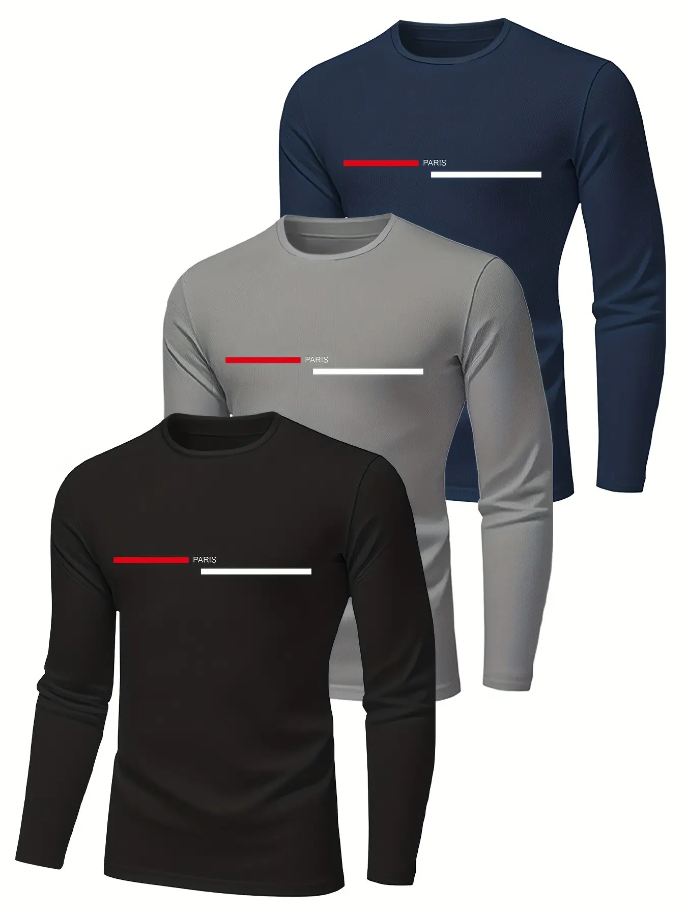 3-Pack Paris Print Men's Lightweight Long Sleeve Crewneck T-Shirts, Quick-Dry Breathable Sweat-Wicking Shirts, Casual Wear, Streetwear, Men's T-Shirts, Top