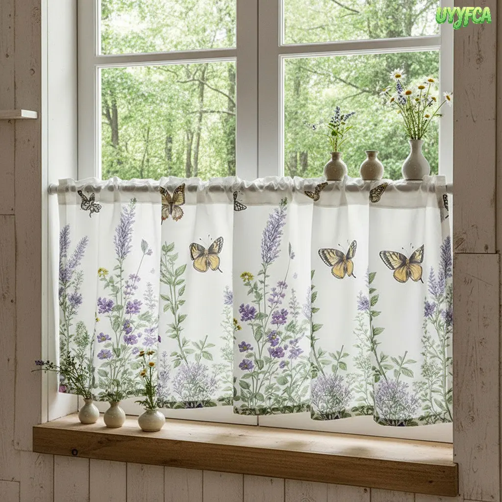 1 pc Butterfly & Flower Pattern Curtain, Rod Pocket Semi Sheer Chiffon Short Window Valance, Home Decoration Curtain Net Curtains Window Light Filtering Fade Resistant Fabric, Ideal For Kitchen, Bathroom, Cafe And Spring Cottagecore Farmhouse Home Decor