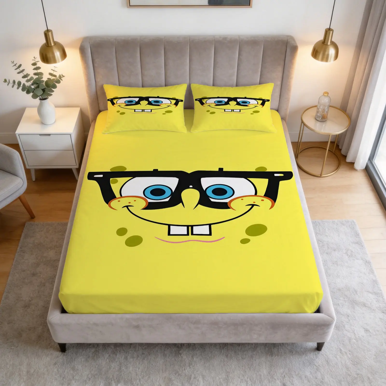 3-Piece Set Of Yellow Cartoon Emoticon Fitted Sheets, Including 1 Flat Sheet And 2 Pillowcases, Soft And Comfortable Bedding, Anti-Slip Dust Cover, Suitable For Bedrooms And Guest Rooms, Cute Bedding