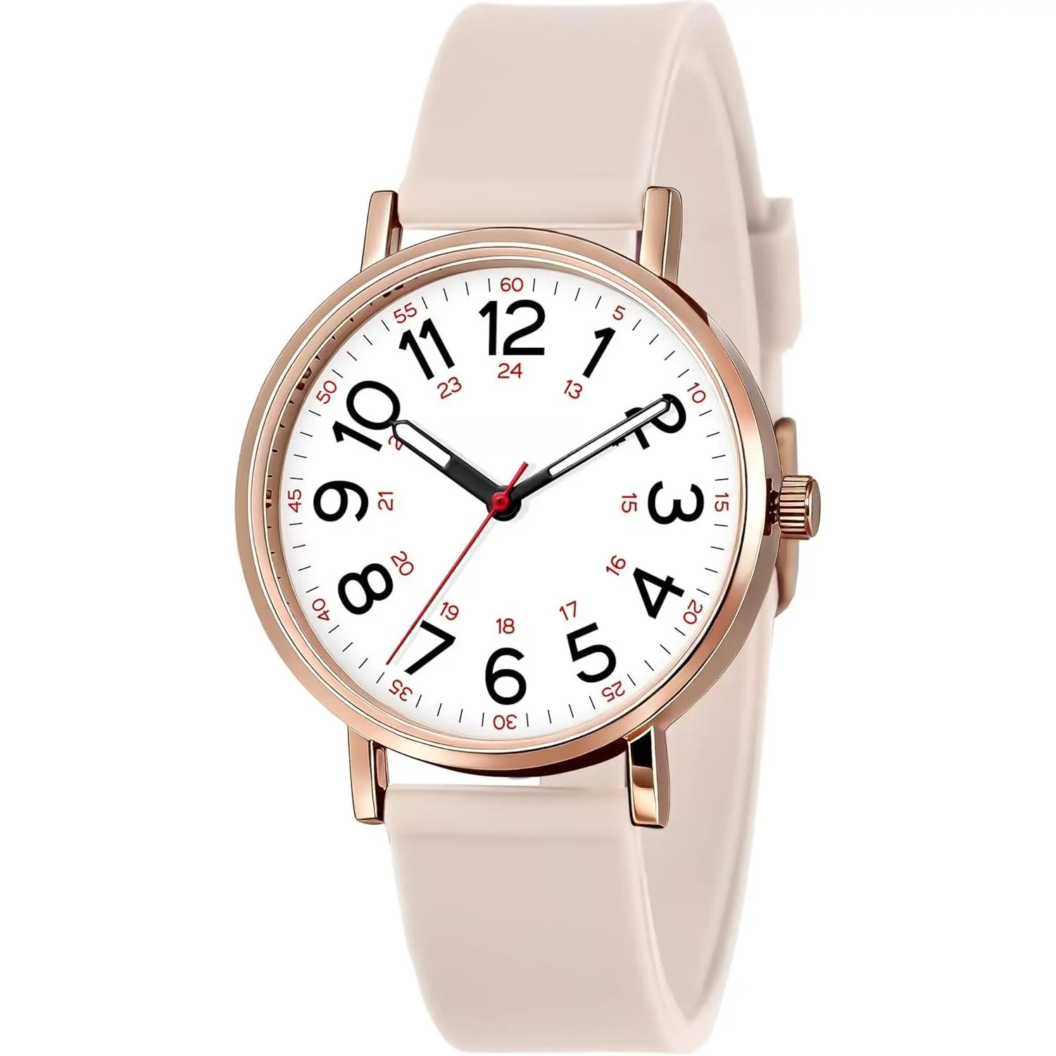 Women's Minimalist 38mm Quartz Nurse Watch - Durable Soft Silicone Strap, Easy-to-Read Dial with Second Hand for Pulse Check, Luminous Hands, 12/24 Hour Time, Daily Water Resistant Simple Analog Watch