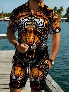 Men's Tiger Print Beach Set, Short Sleeve Shirt and Shorts, Summer Vacation Casual, Two-Piece Ensemble for Relaxing Days