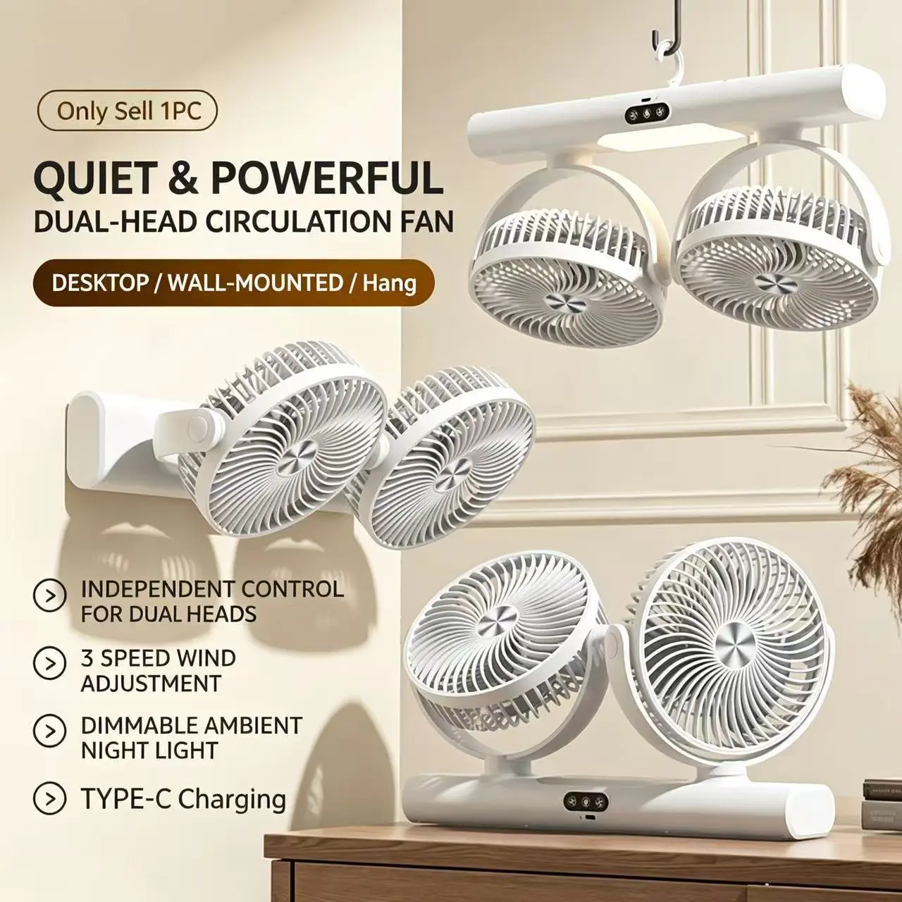 Innovative Dual Head 3-In-1  Circulation  Fan, Stand/Hang/Wall Mount, 3 Modes Speed, Dimmable Ambient Night Light, Low Noise, Type-C Charging, Bedroom/living Room/kitchen/dorm/outdoor