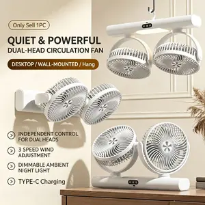 Innovative Dual Head 3-In-1  Circulation  Fan, Stand/Hang/Wall Mount, 3 Modes Speed, Dimmable Ambient Night Light, Low Noise, Type-C Charging, Bedroom/living Room/kitchen/dorm/outdoor