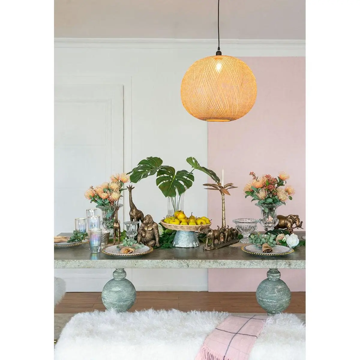 D22x14" Beige Round Bamboo Woven Chandelier
