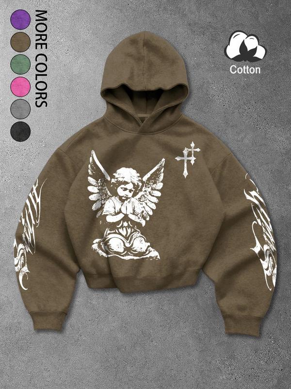 Unisex Vintage Street Style Angel Prayer Hoodie with Distressed Cross Print, Loose Gothic Sweatshirt for Trendy Couples and Fashion Enthusiasts