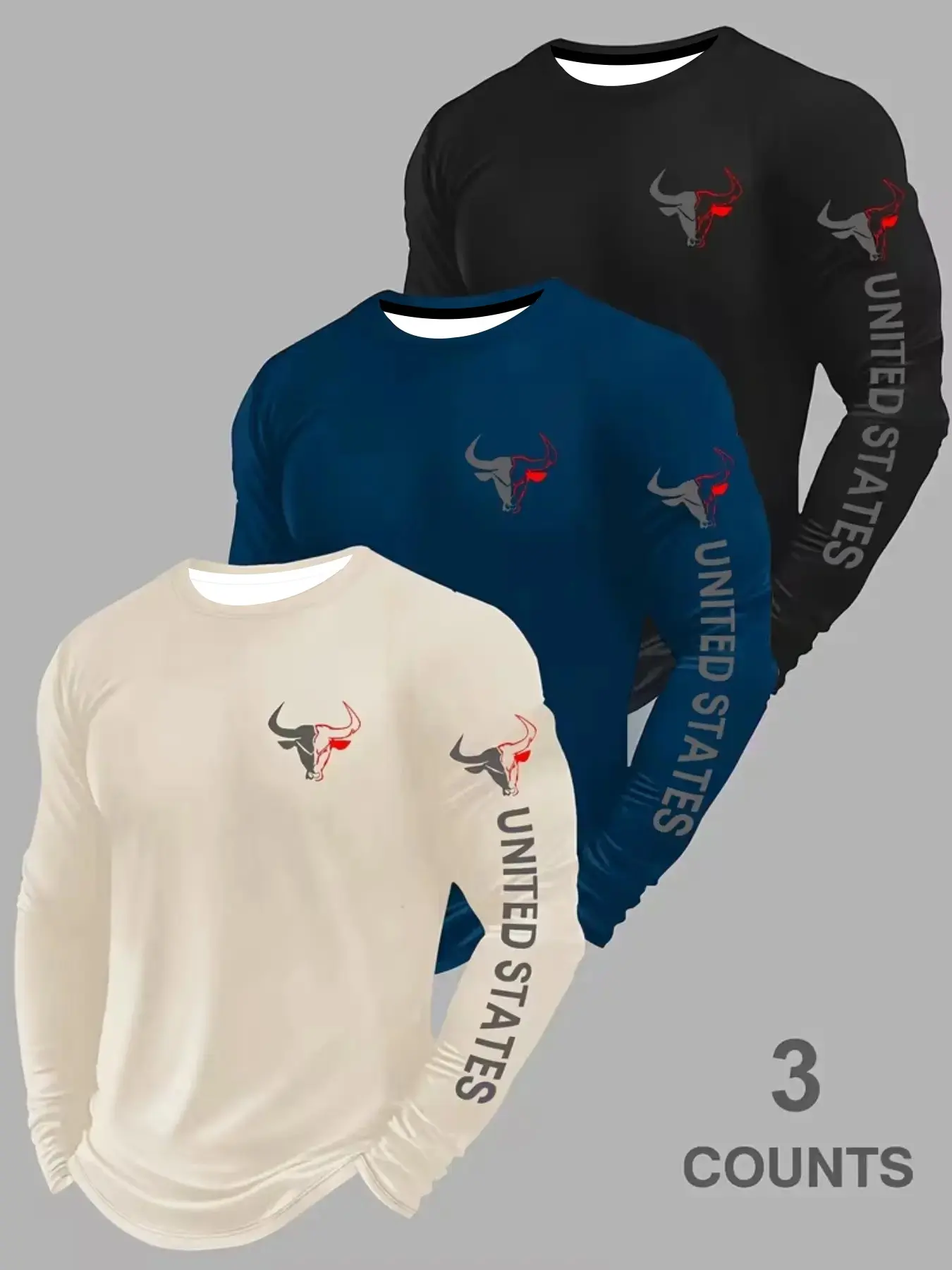 Men's 3-Pack Long Sleeve T-Shirts, Geometric Print, Casual Sporty Fitted Top, All Seasons, Outdoor Sports, Comfortable Knit Fabric