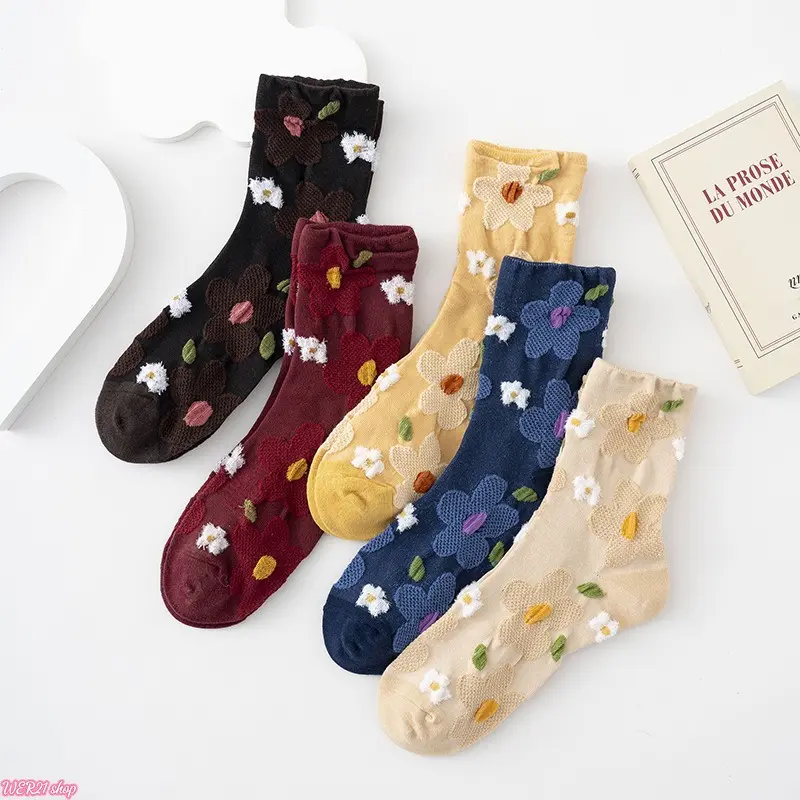 5PCS-Women Mid Calf Socks | Viral 2026 Fall Winter Vintage Floral Hosiery, Embossed Flower Cottagecore Sweet Korean Style Crew Socks, Soft Versatile Ladies Footwear for Daily Casual Outfit Holiday Gift