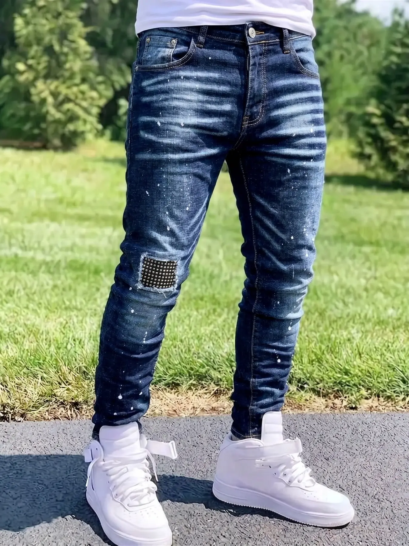 Men's Dark Blue Washed Slim Fit Jeans, Paint Splatter Ink Stain Patch, Ripped Hip Hop Streetwear, Elastic Denim Long Pants