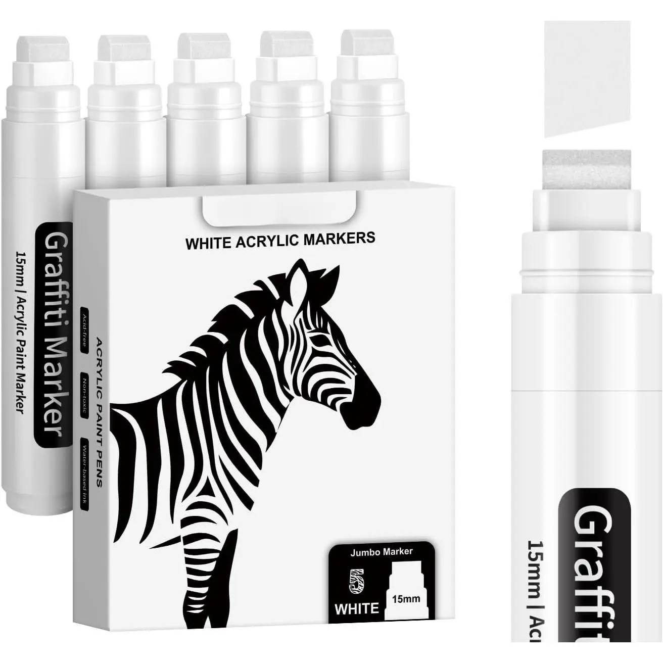 White Jumbo Poster Markers, 5-Count Set with 15mm Wide Thick Tip, Multi-Surface Quick Dry Ink Smooth Flow Writing Tools for Rock Painting, Canvas, Ceramic (Office Stationery Supplies), Jumbo Marker