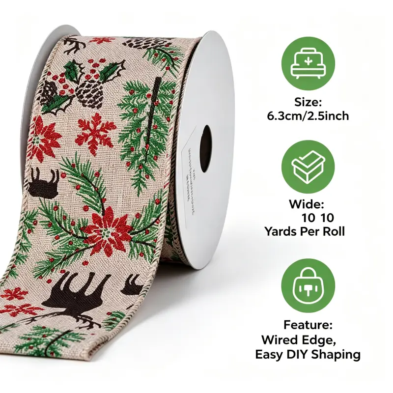 Burlap Farmhouse Christmas Wired Edge Ribbon, 2.5in x 10yd, Reindeer-Poinsettia Christmas Tree Pattern Decorative Seasonal Bows & Ribbons for Xmas Tree, Wreath DIY - Festive Home Party Decor Supplies, Diy Shaping