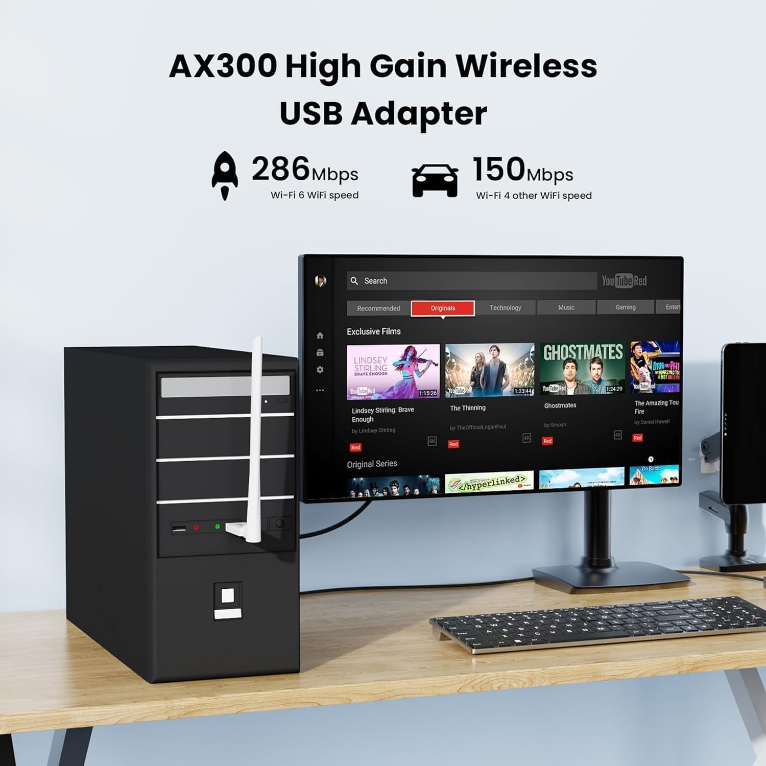 AX300 WiFi Adapter 2.4GHz WiFi 6-Single-Band- 286Mbps, 6dBi High  Antenna,  WiFi Adapter for Windows 11/10/7 USB WiFi Dongle (U2)