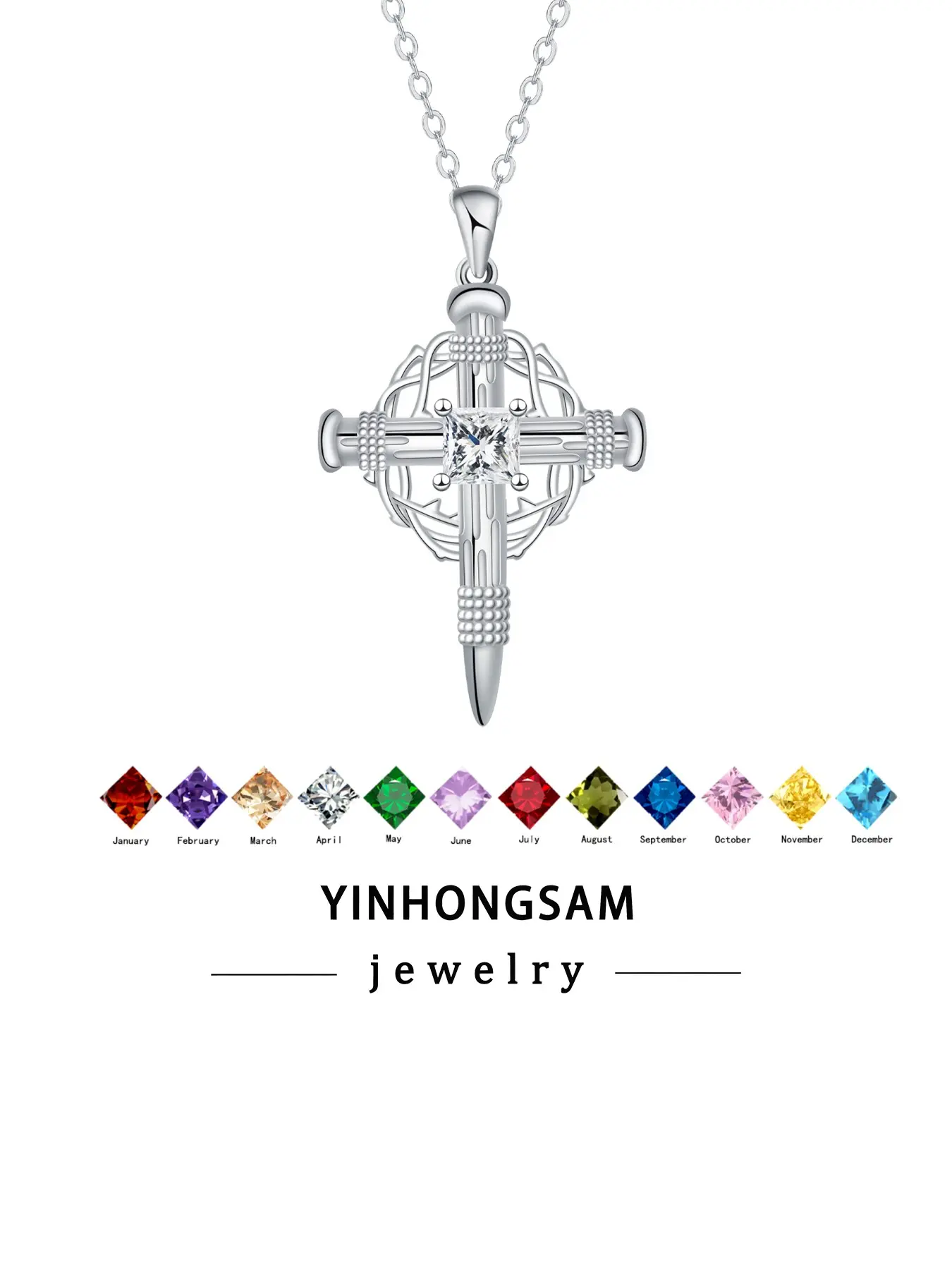 Crown of Thorns Cross Birthstone Necklace, Christian Cross Pendant Necklace, Religious Jewelry Gift for Women Her Girlfriend Daughter
