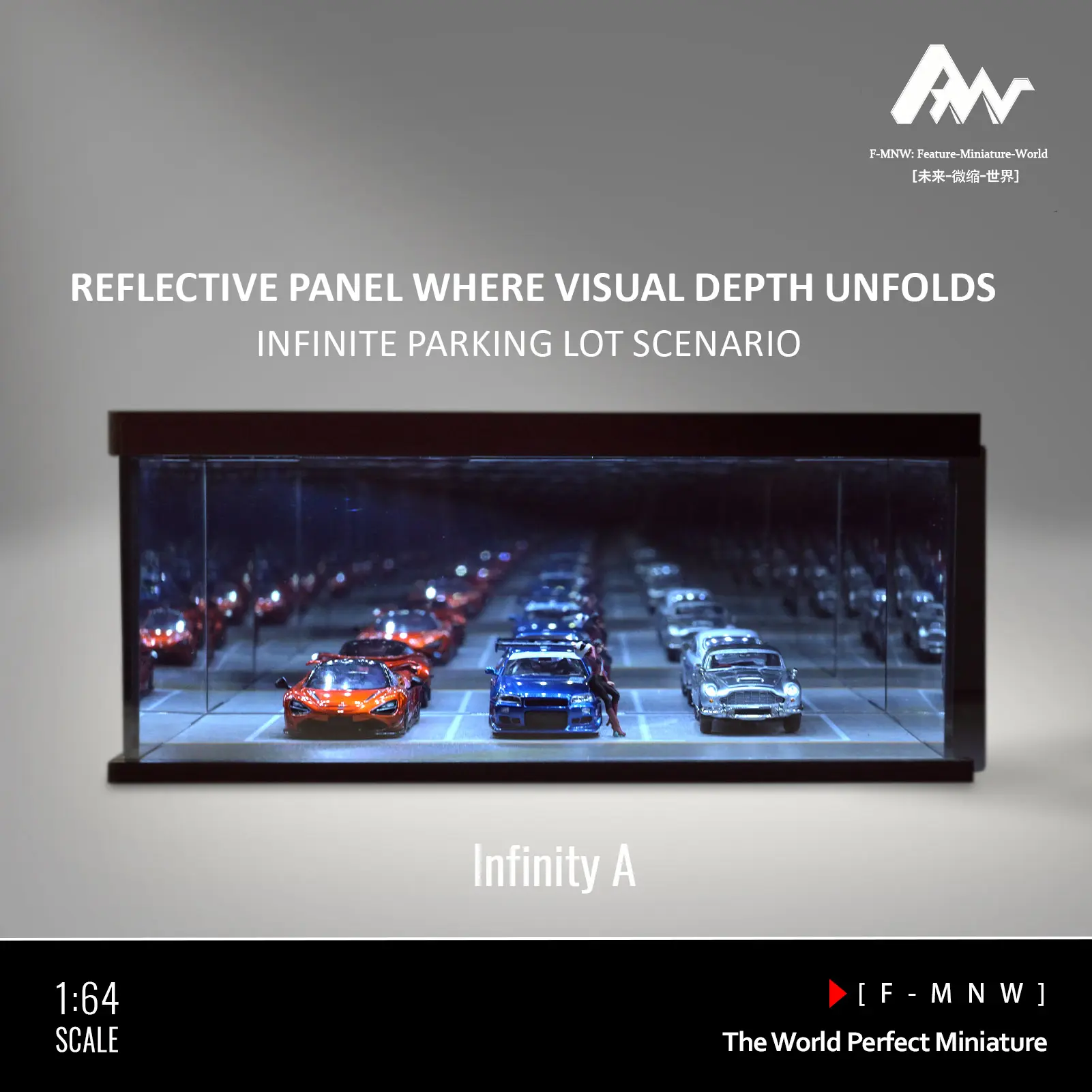 1:64 Scale Realistic Unisex Diorama Diecast Car Display Garage - City Simulation Infinity Mirror Parking Lot, USB Power LED Diorama with 3-Color USB Lighting, 3-Car Model Display Case