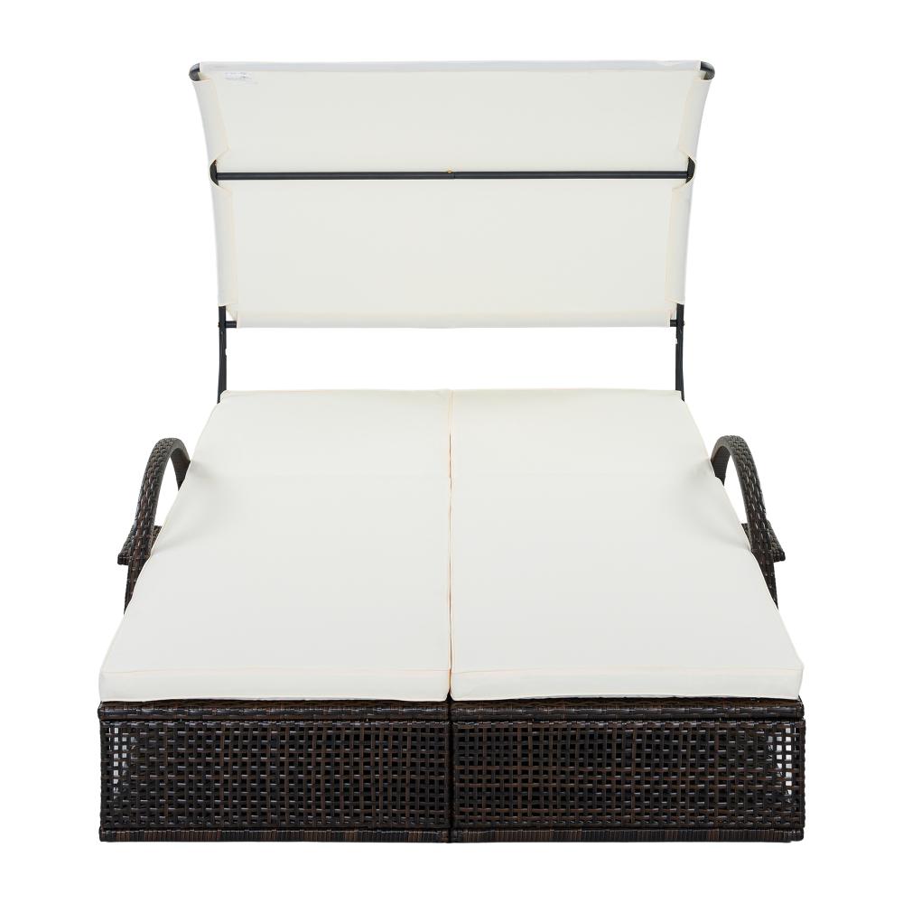 Outdoor steel-frame sun loungers with adjustable backrests; double patio sunbeds featuring hidden side tables and curved armrests; ideal for patios, pool decks, gardens, backyards, and other outdoor spaces