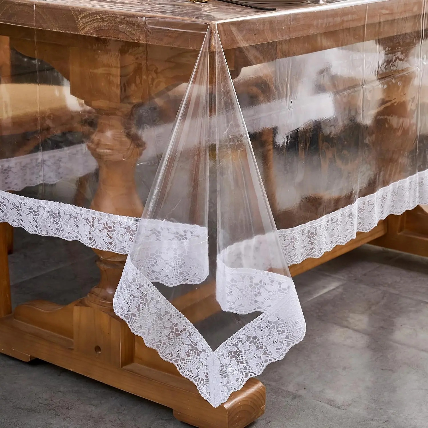 Clear Vinyl Tablecloth Protector Transparent Lace Trim Table cloth – Waterproof, Stain-Resistant,Plastic Cover Decorative – Perfect for Weddings, Parties, and Home Decor (54 x 70 Inch Rectangular)