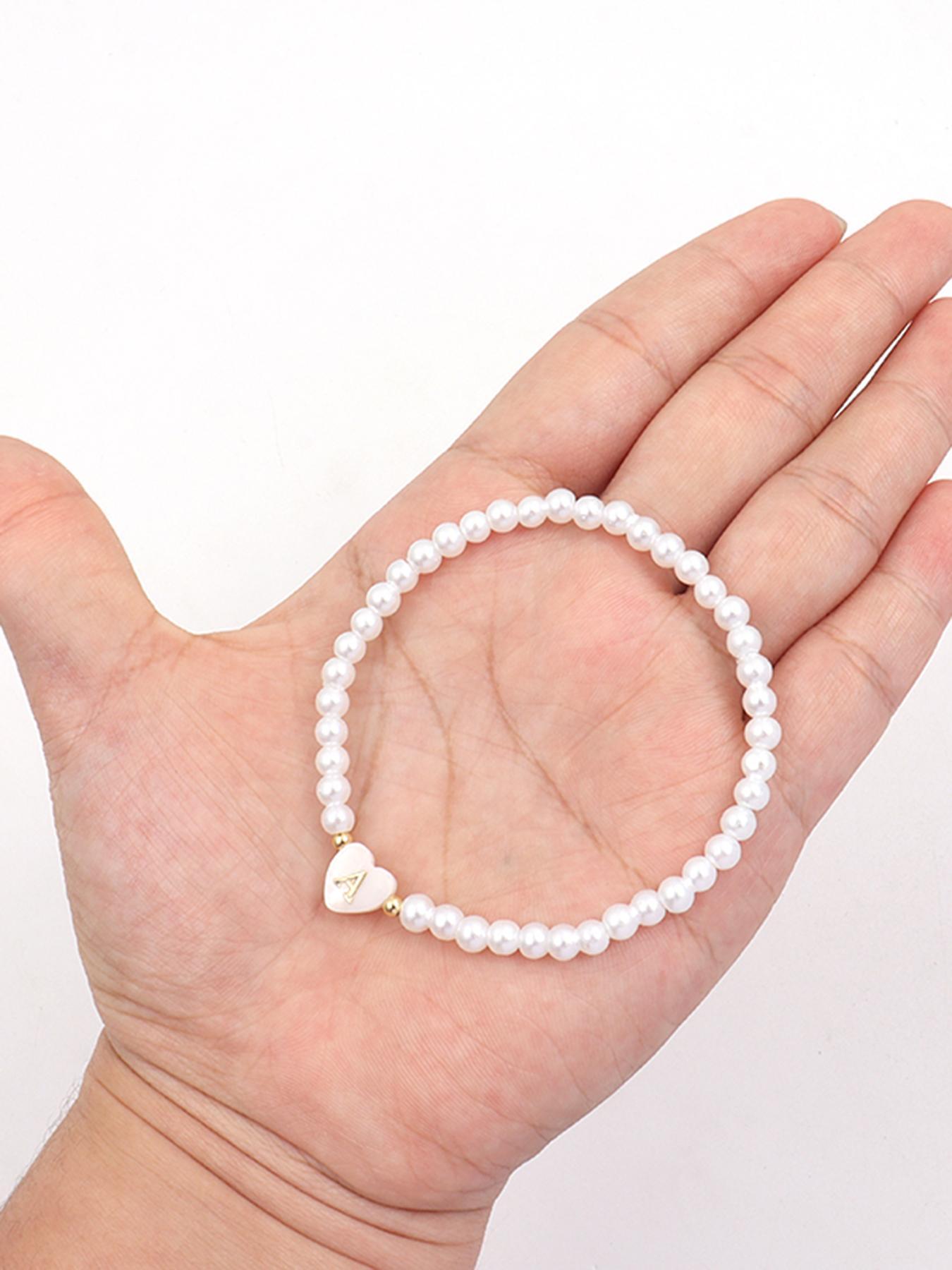 Women's Elegant Faux Pearl Decor 26 Letter & Heart Design Bead Bracelet, Trendy Exquisite Matching Bracelet, Chic Gorgeous Cute Jewelry As Gift for Girlfriend, Pearls Beaded, Pretty Bracelet
