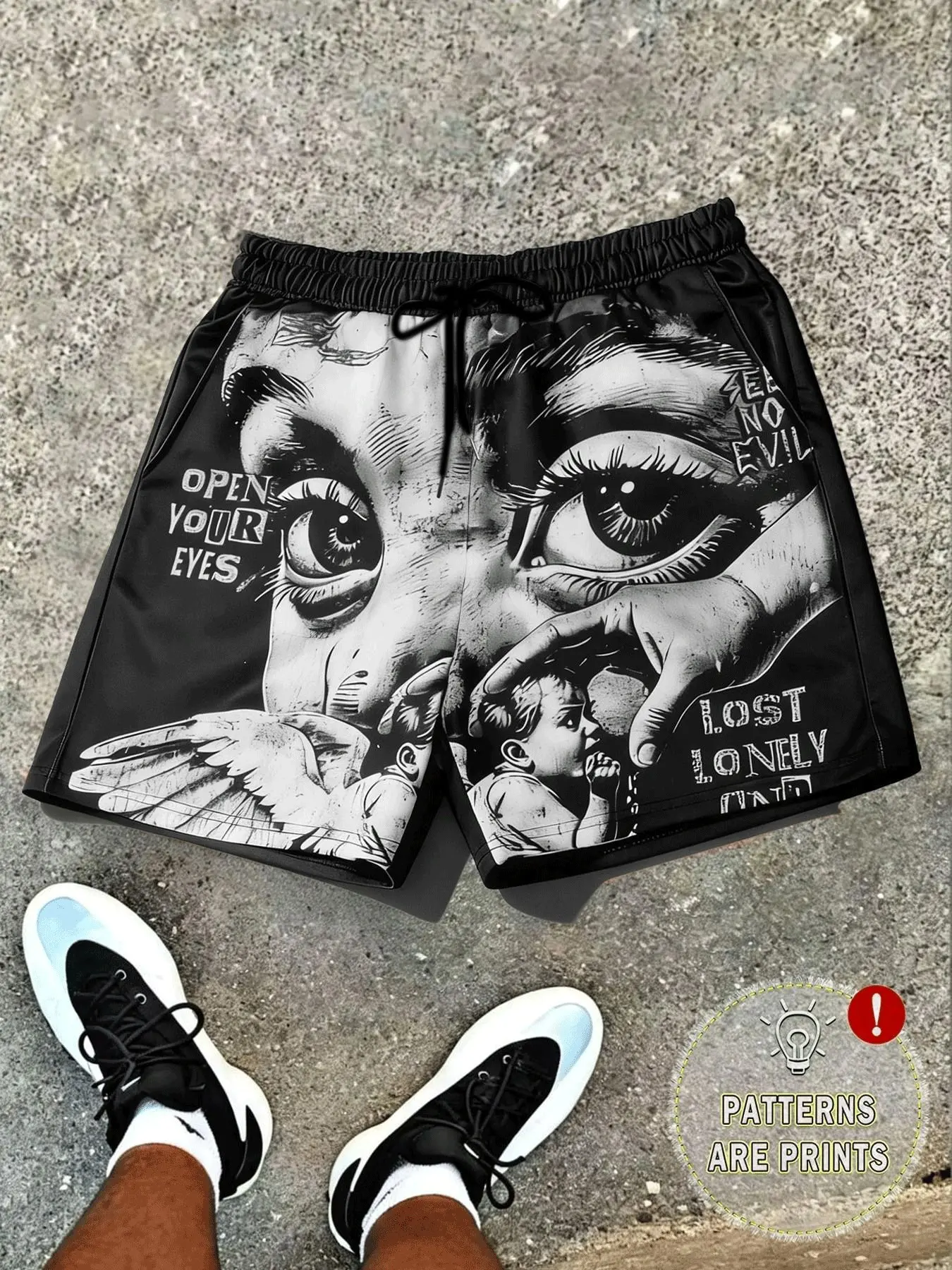 Men's Black Chicano Tattoo Eye Angel All Over Print Mesh Elastic Loose Shorts, Streetwear Elastic Drawstring Casual Short Pants, Y2K Dark Gothic Aesthetic & Quick Dry Breathable Fabric, Versatile Daily Streetwear Summer Shorts for Men