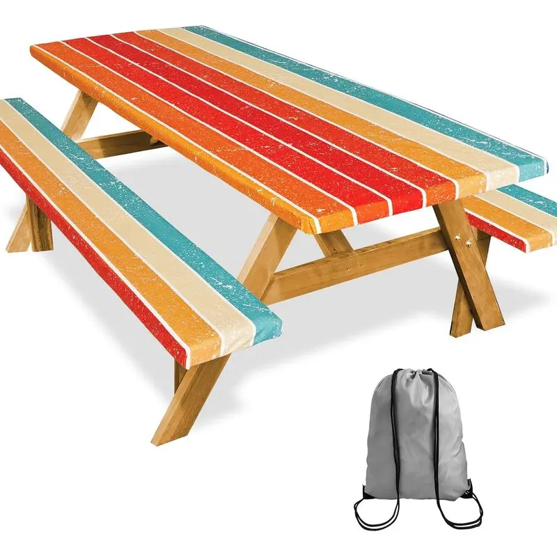 Outdoor activitiesPicnic Table Cover with Bench Covers Camping  Outdoor Reusable Waterproof Tablecloth with Storage Bag, Fitted Rectangle Tables and Seats, 72in, Orange Blue Rainbow