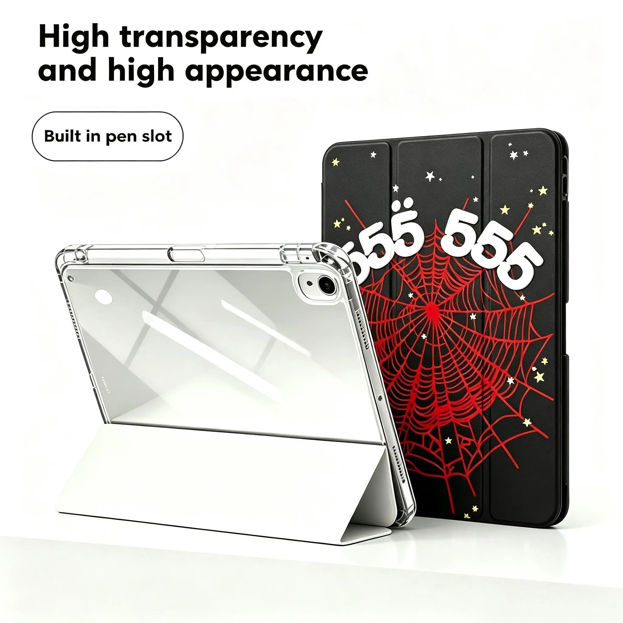 DarlingCase TPU+PC+PU Shockproof Tablet Case with Spider Web Stars Design, High Clarity Transparent Back, 3-Fold Multi-Angle Stand, Pen Slot, Fits iPad 11th/10th Gen (A16), Air 1/2/4/5/6, Pro 10.5in/12.9in/13in, Mini 7 Gen | Tablet Protection Accessories