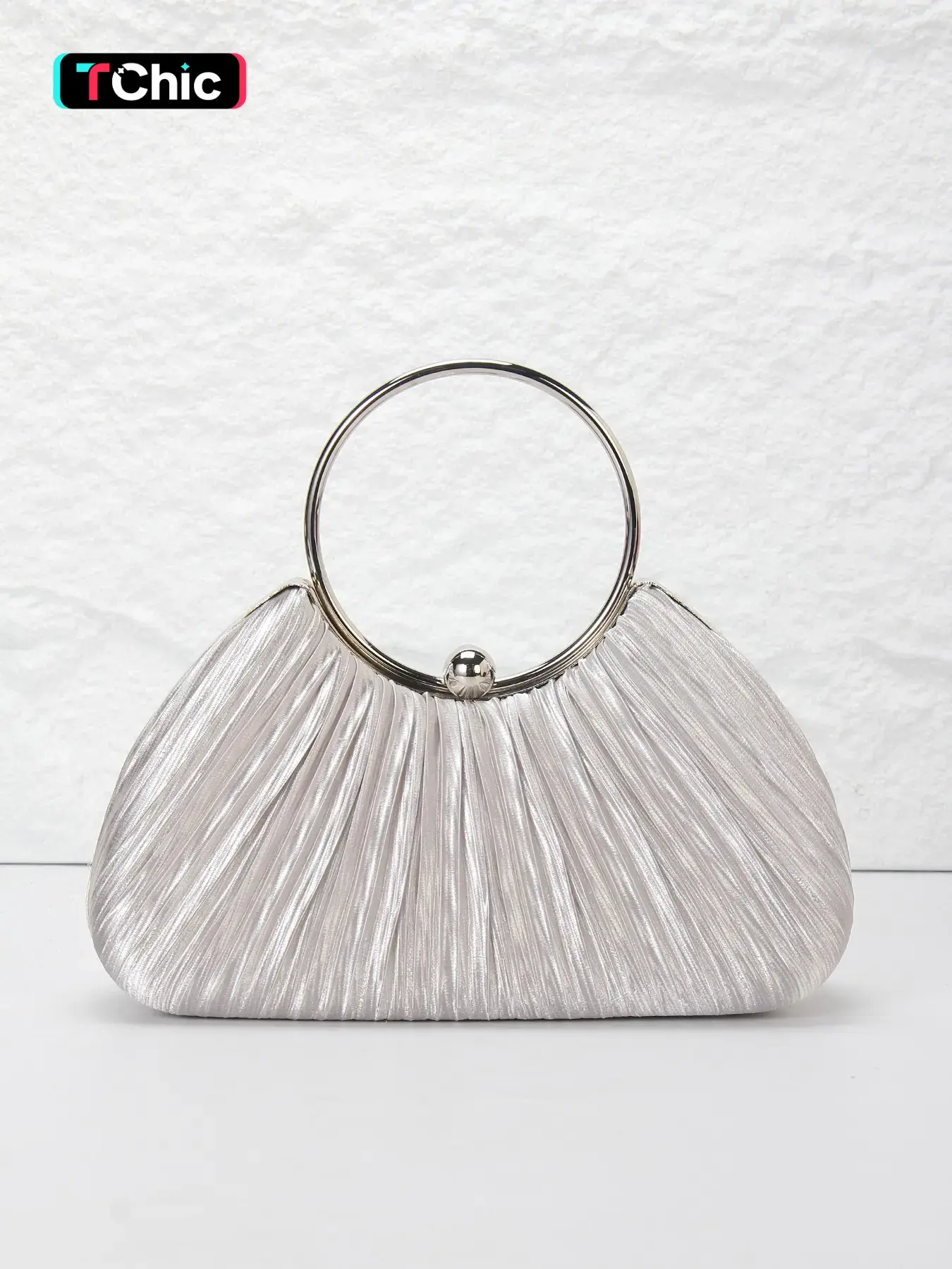Elegant Pleated Satin Women's Evening Bag, Round Handle Aesthetic Handbag, Fashion Crossbody Shoulder Purses with Strap, Clip Closure, Perfect for Weddings, Parties, Events