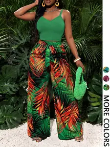 Women's Casual Bohemian Vacation Two-Piece Set, Elastic Sleeveless Tank Top + Loose Printed Wide Leg Pants, Comfortable and Stylish, Outfit, Boho Matching Set