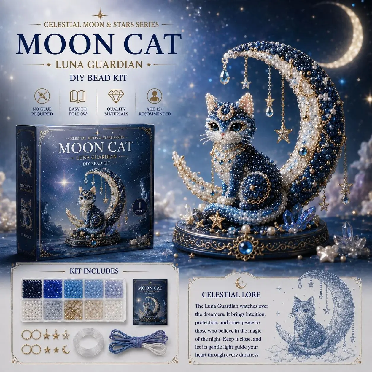 New Moon Cat Luna Guardian DIY Bead Kit, Moon and Stars Series, Creative Jewelry Making Set, Perfect for Craft Enthusiasts