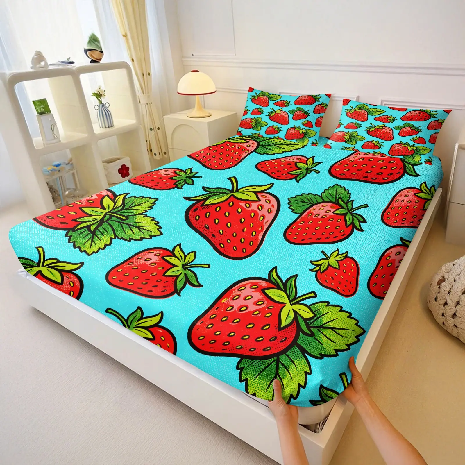 3PCS Retro Fresh American Pop Art Cartoon Strawberry Print Fitted Sheet Set, Bedding Sheets, Deep Pocket, Wrinkle Resistant & Soft, for Bedroom & Dorm, Multi Colors, Ideal Back to School Gift