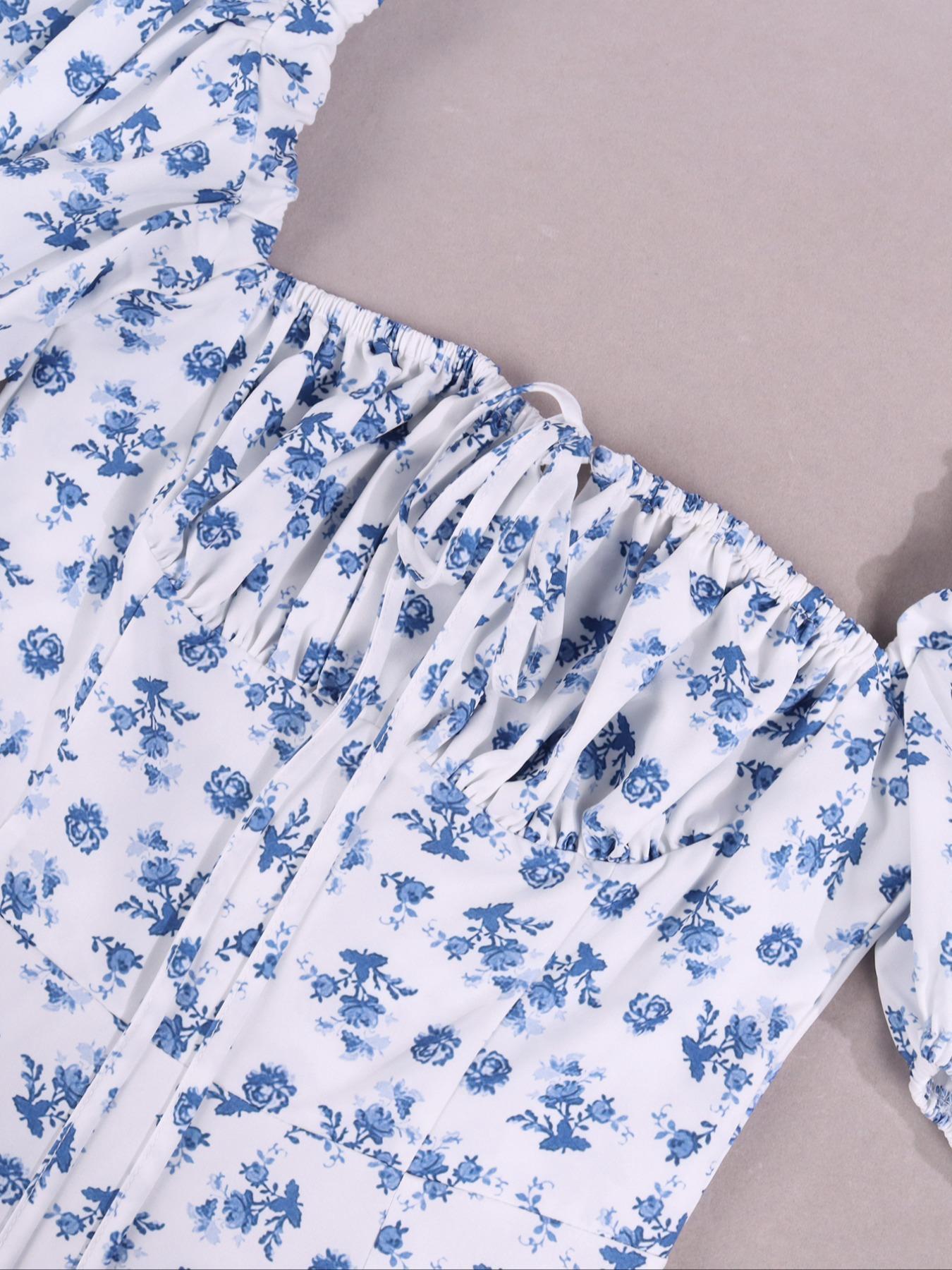 Women'S Frenchy Style Ditsy Floral Print Puff Sleeve Tie Front Split Thigh A Line Dress, Milkmaid Dress, Dress For Summer, Short Sleeve Square Neck Long Dress For Beach Vacation Holiday, Summer Outfits 2024, Ladies Summer Clothes