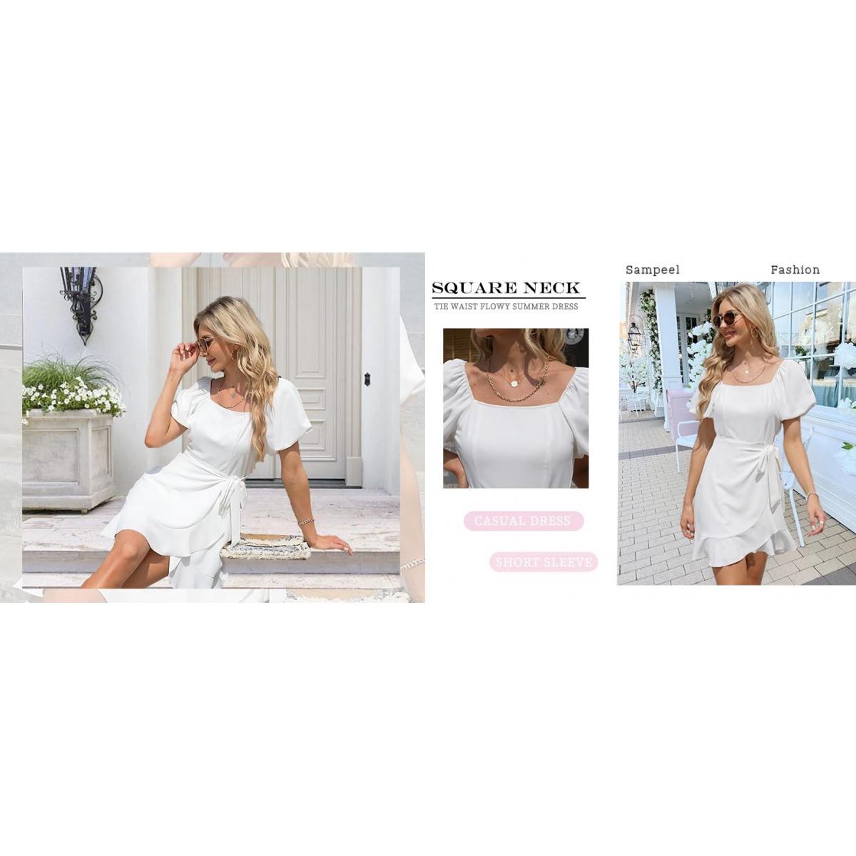 Women's Summer Square Neck Puff Sleeve Tie Short Dress