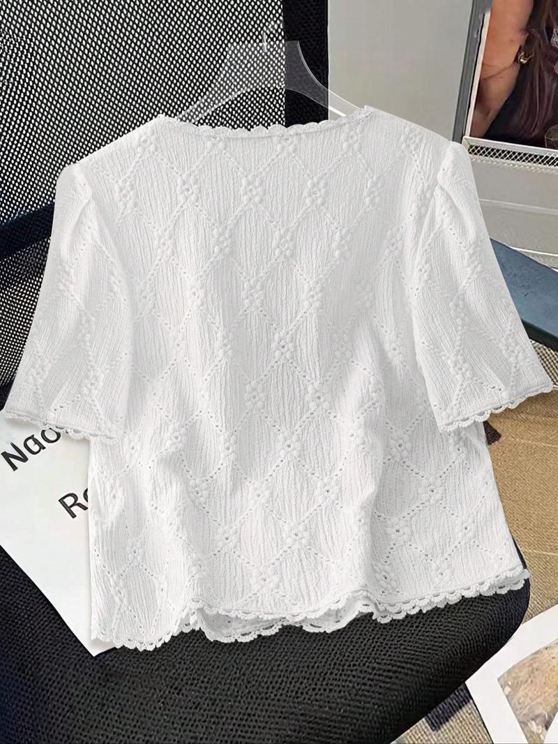 Women's Plain Short Sleeve Button Blouse, Casual Basic Top for Daily Wear, Ladies Clothes for All Seasons