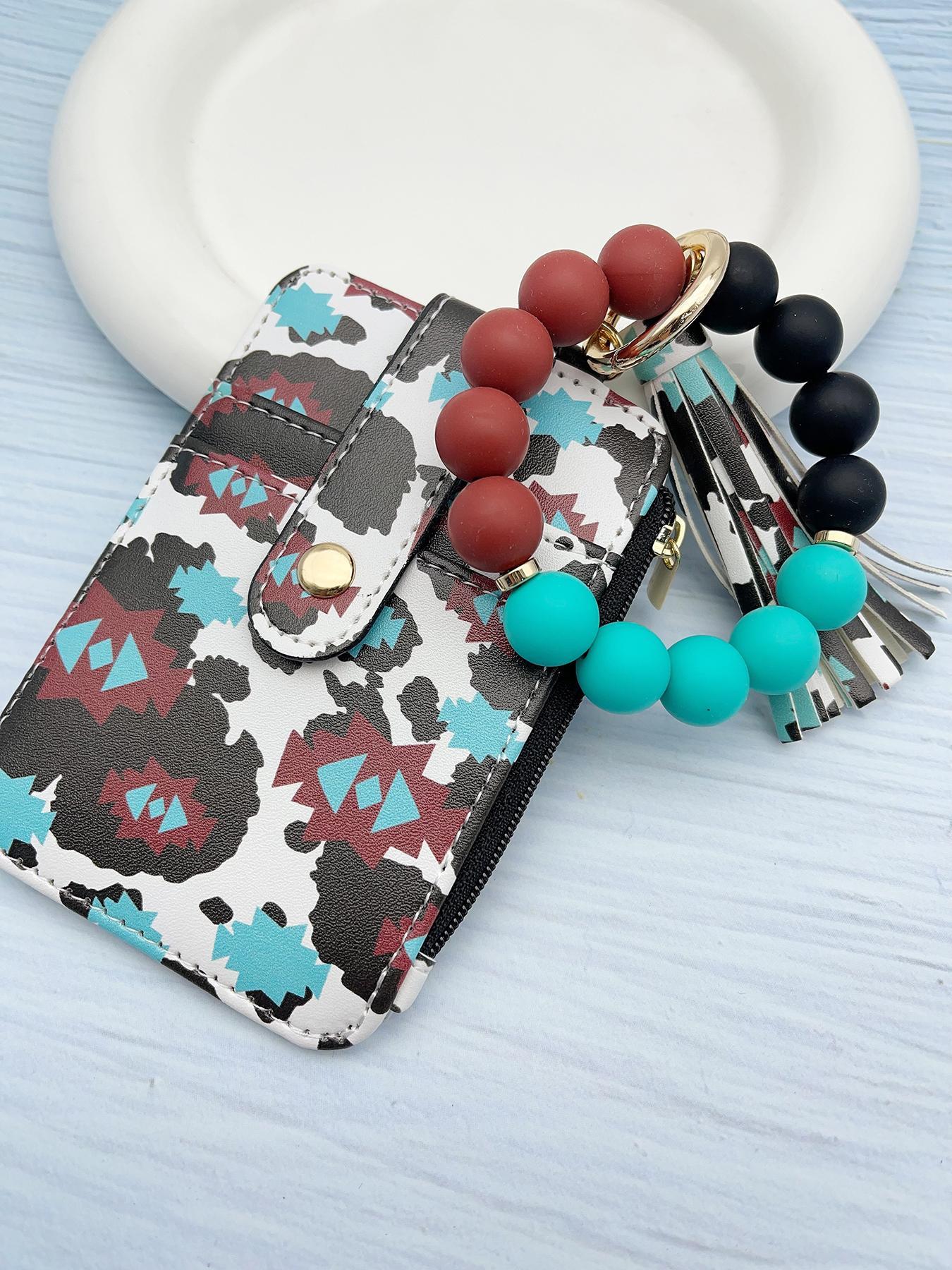 Fashion Leopard & Floral Pattern Beaded Wristlet Keychain, Boho Style Tassel Decorated Wallet Keychain for Women & Girls, Casual Trendy Accessories for Daily Use, Keychain Wristlet Strap