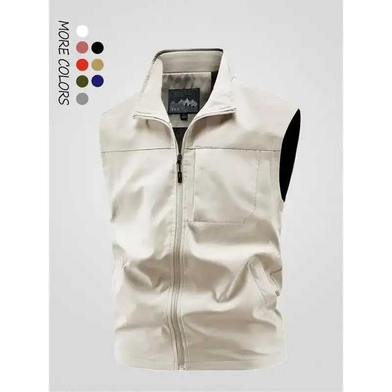 Men's Solid Color Hooded Vest Jacket, Stand Collar Multi-Pocket Sleeveless Coat, Windproof Waterproof Casual Sports Waistcoat, Regular Fit Outdoor Fishing Vest, All-Season Men's Jacket, Menswear