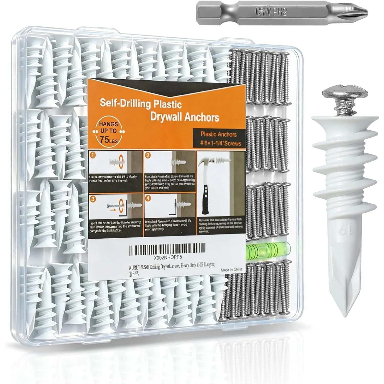 140-piece set#8 self-drilling drywall anchors with screw kit, heavy-duty drywall anchors for hanging drywall, 50 self-tapping plastic drywall hangers, 50 drywall screws, installation accessories - 75 lbs