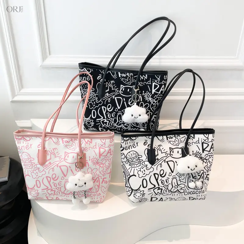 Doodle‑Print Tote Bag, Casual Large‑Capacity Shoulder Handbag, Stylish Daily Work Shopping Purse