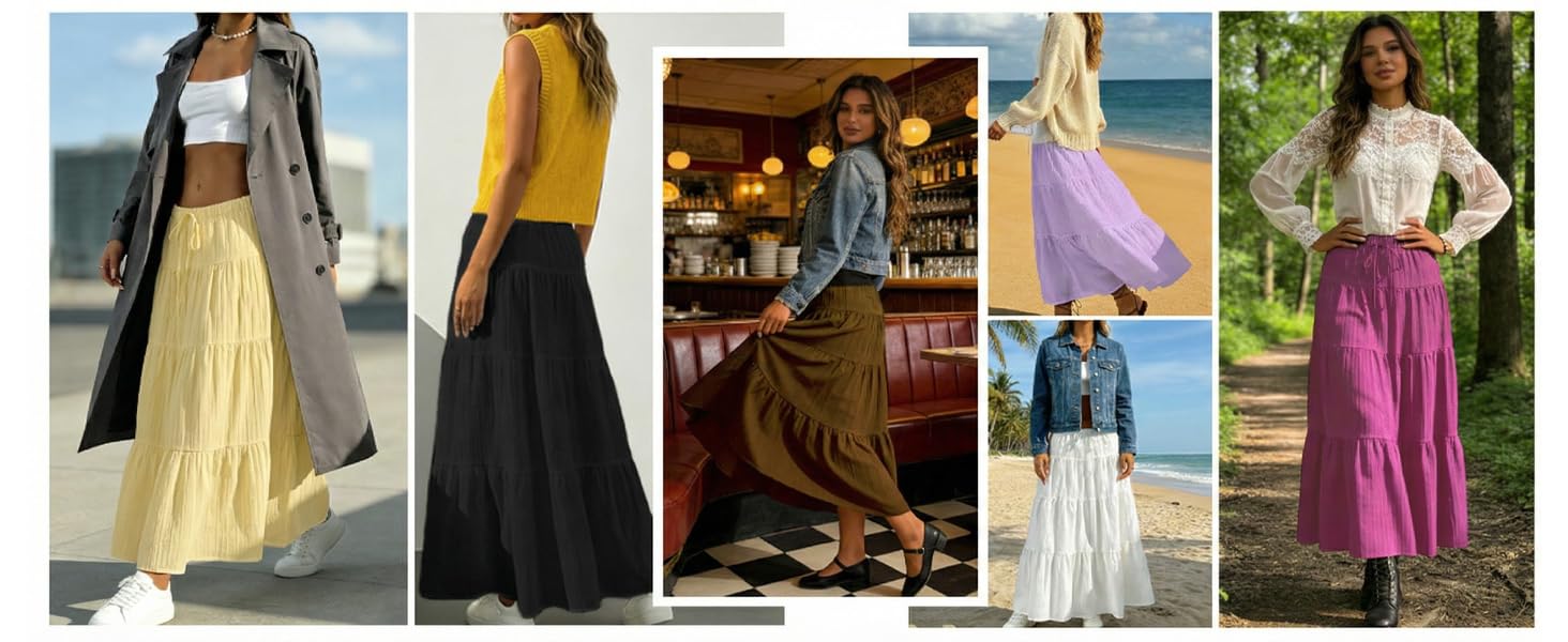 Women's Bohemian-style flowing white long skirt, with pleated elastic waist, A-line summer dress, 2026 spring long skirt Women's Bohemian-style flowing white long skirt, with pleated elastic waist, A-line summer dress, 2026 spring long skirt