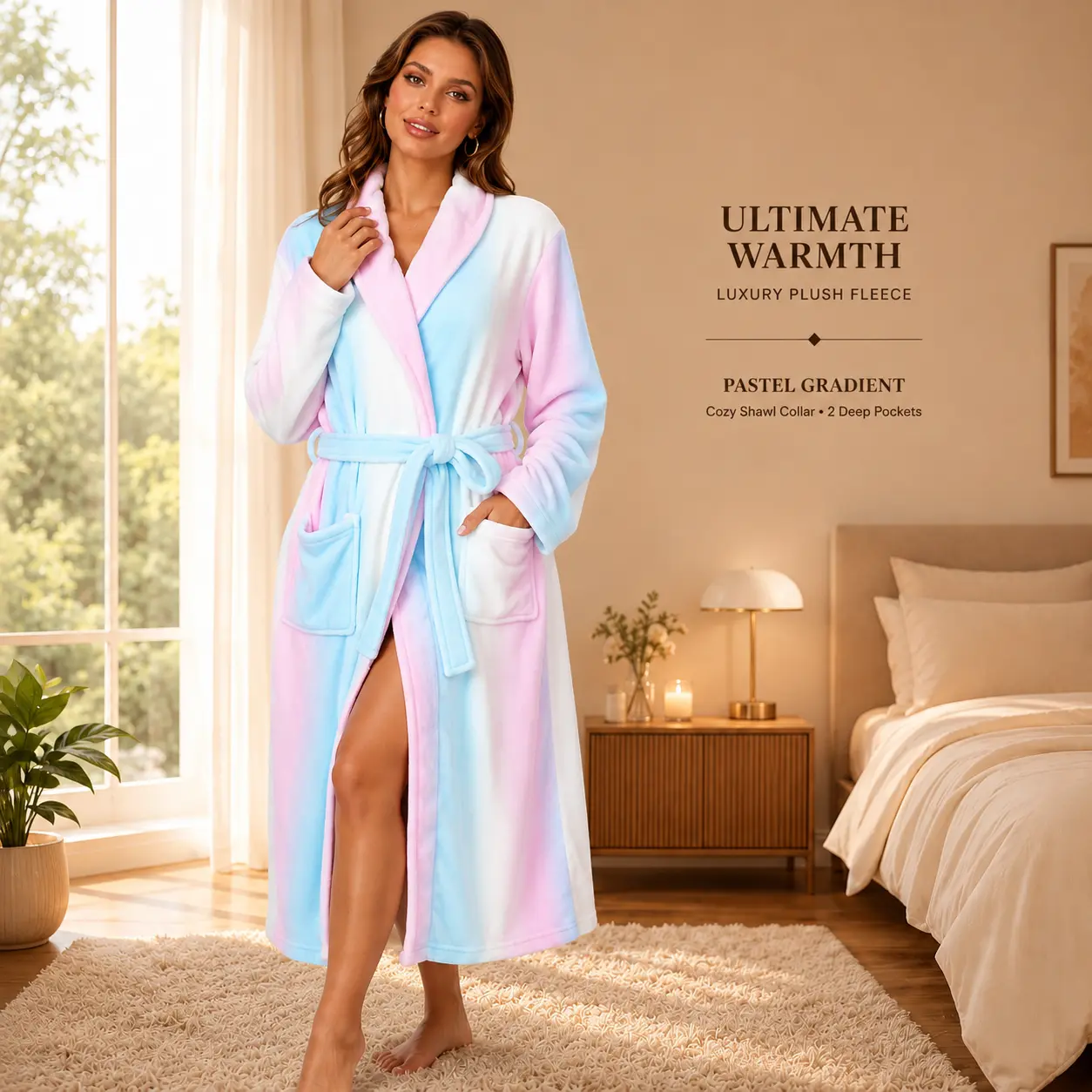 Women's Fluffy Shawl Collar Bathrobe with Pockets, Cozy Warm Solid Rainbow Robe, Elegant Loungewear for Daily Lounging