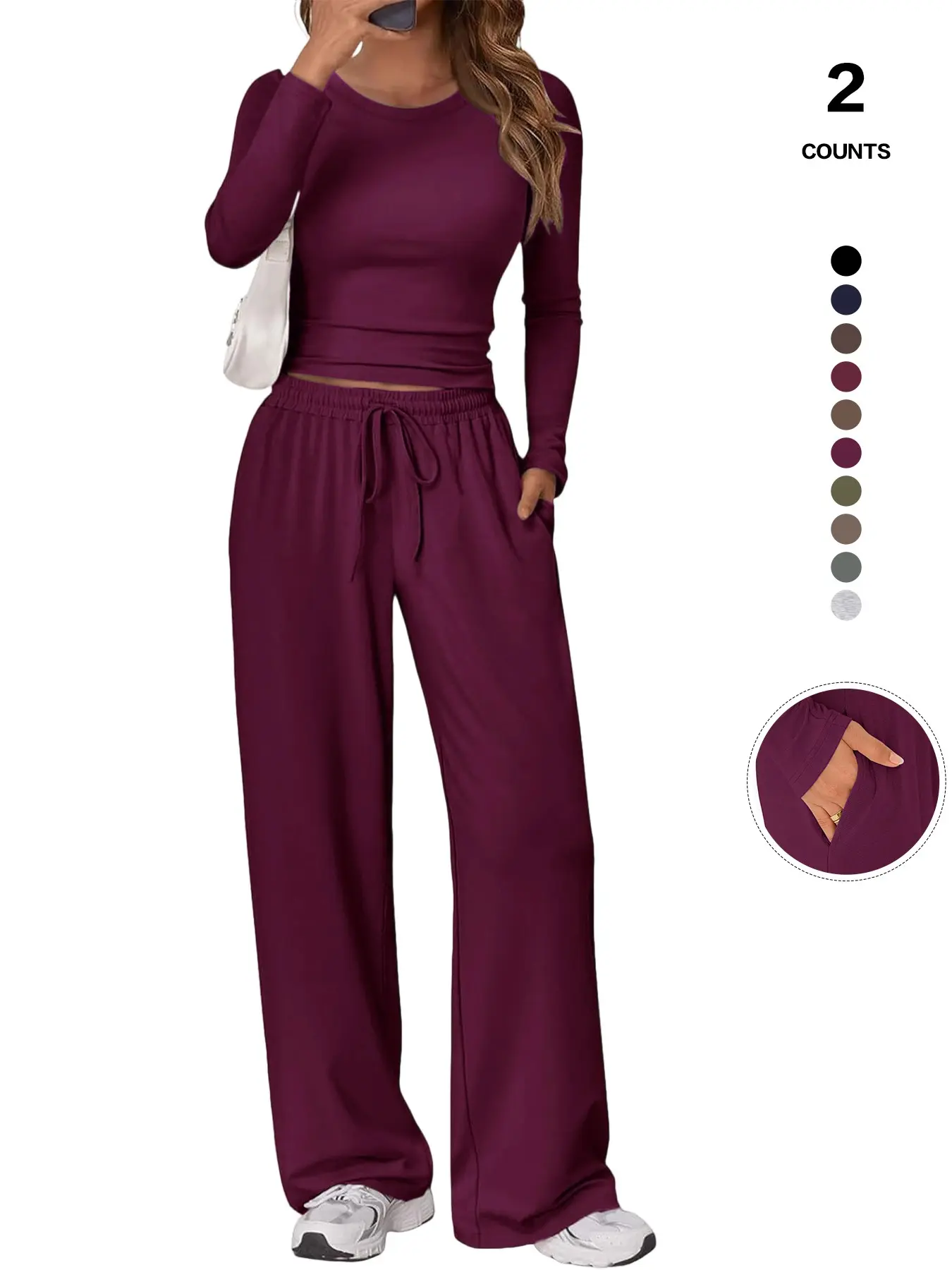 Summer Fashion 2-Piece Co-ord | Soft Slim Long Sleeve Tee & High Waist Adjustable Drawstring Pants | Chic Urban Casual Loungewear for Daily Wear