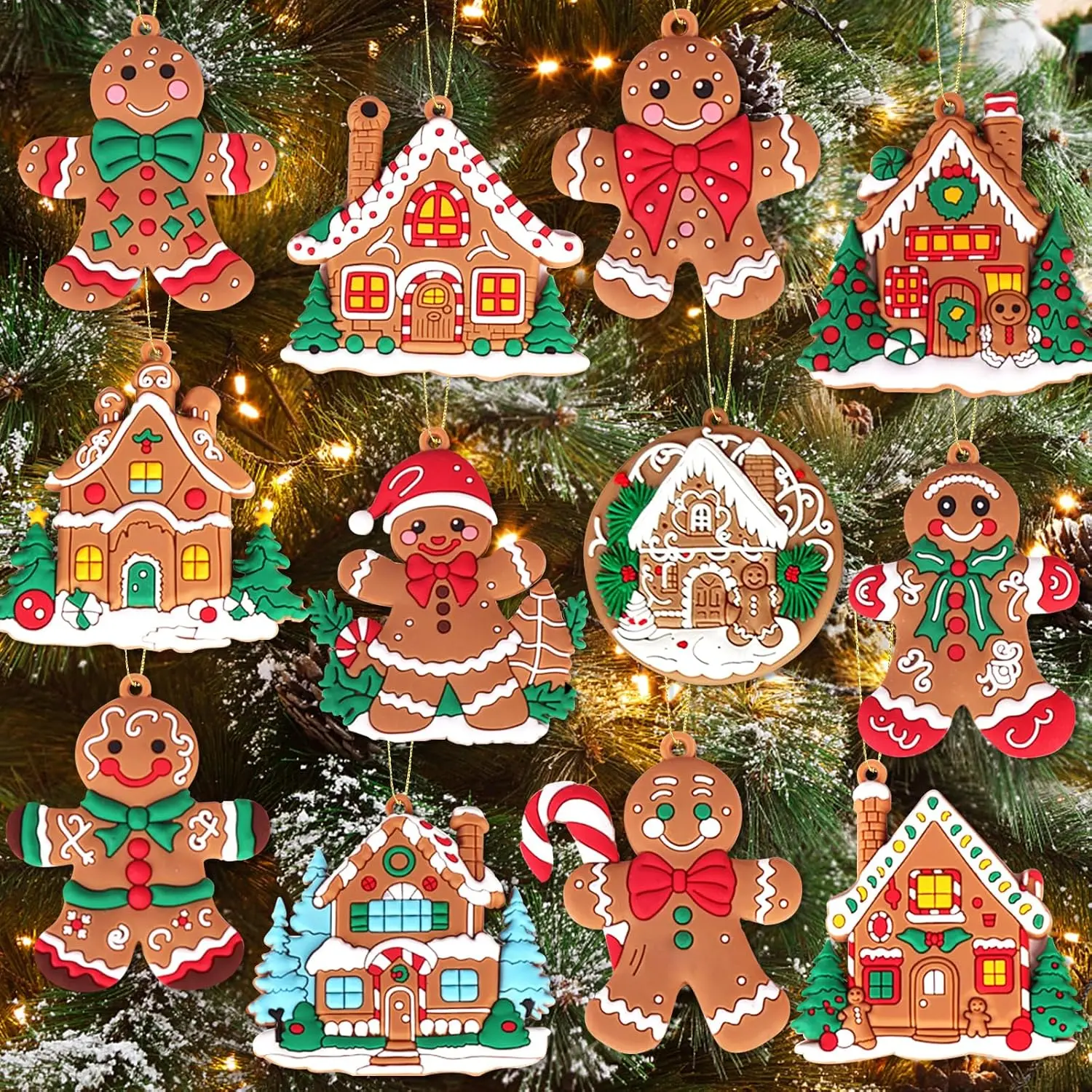 12 count Gingerbread Ornaments for Christmas Tree Decorations, Plastic Gingerbread Christmas Decoration and Gingerbreads House Ornaments for Holiday Christmas Tree  Decorations