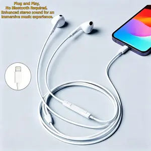 1PC Lightning Port Wired Earbuds, Classic White In-Ear Headphones with Mic & Volume Control, Plug and Play, Compatible with iOS Devices, for Commute Work Gaming Music