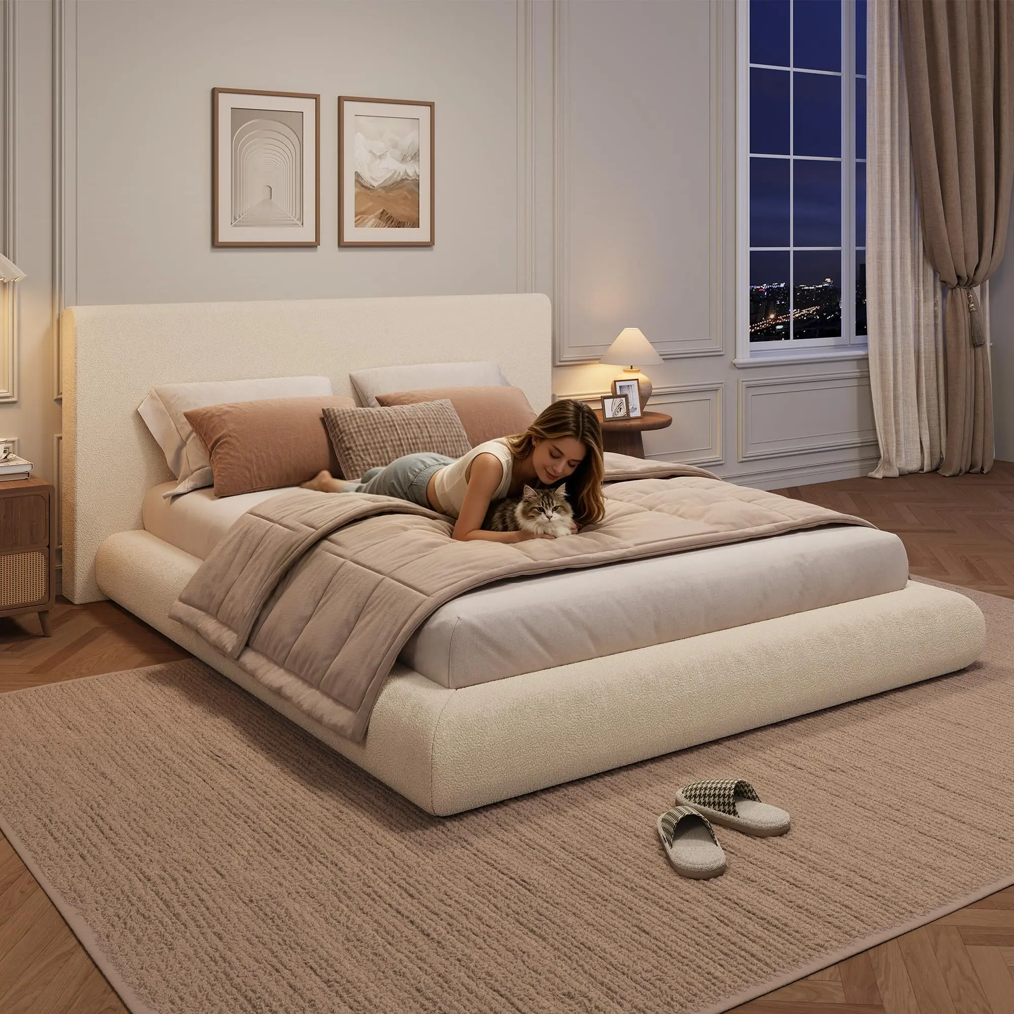 Full/Queen/King Size Upholstered Bed Frame – Modern Cloud Platform Bed with Soft Plush Headboard, No Box Spring Needed, Easy Assembly for Bedrooms