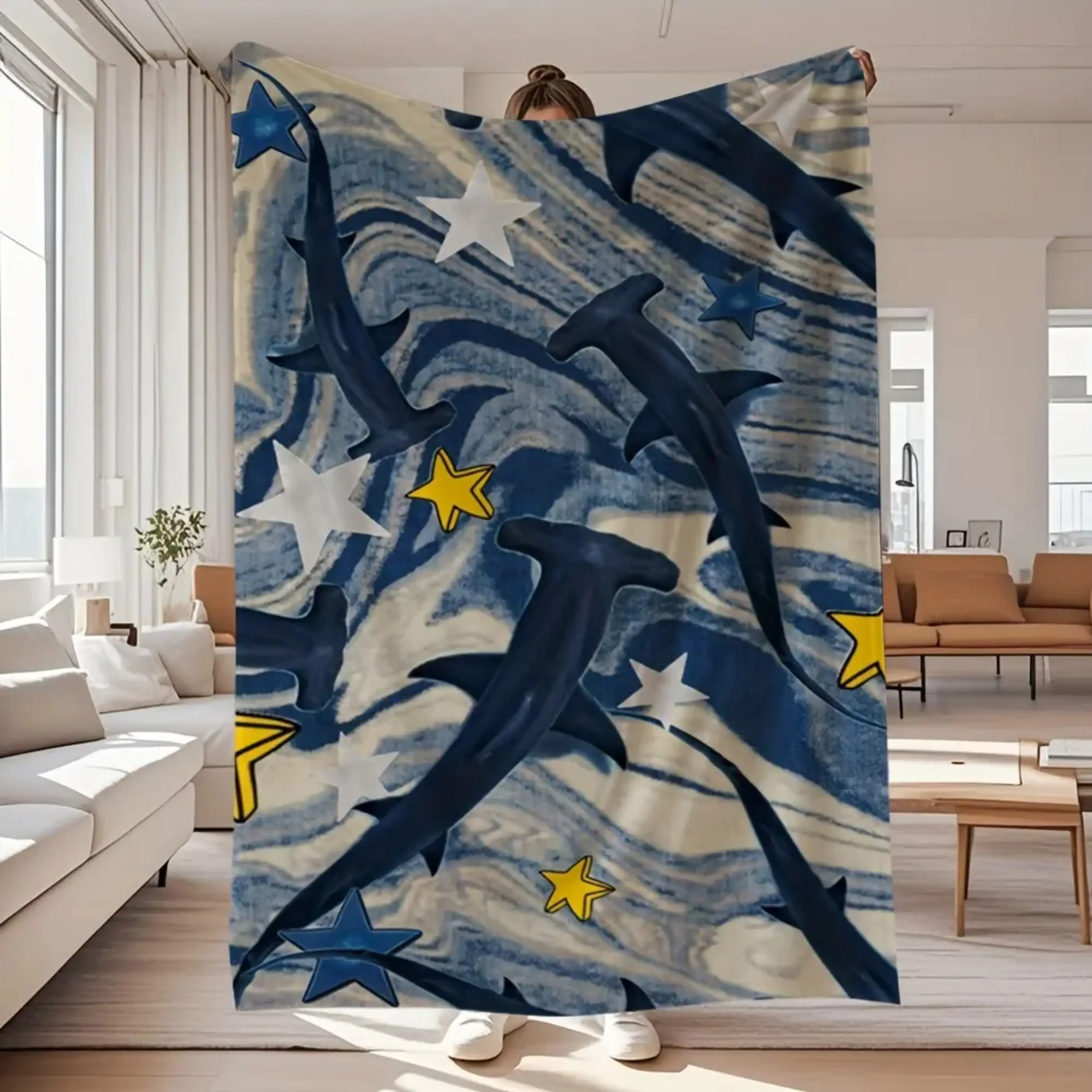 1 Piece Plush Toy & Flange Velvet Blanket Combo Set, Baby Blankets and Adult Blankets, Soft Dreamy Hammerhead Shark Galaxy Print Throw, Blue Series Artistic Ocean Space Style, With Portable Matching Carrying Case, Low Maintenance Easy Care Bedding, Multi-