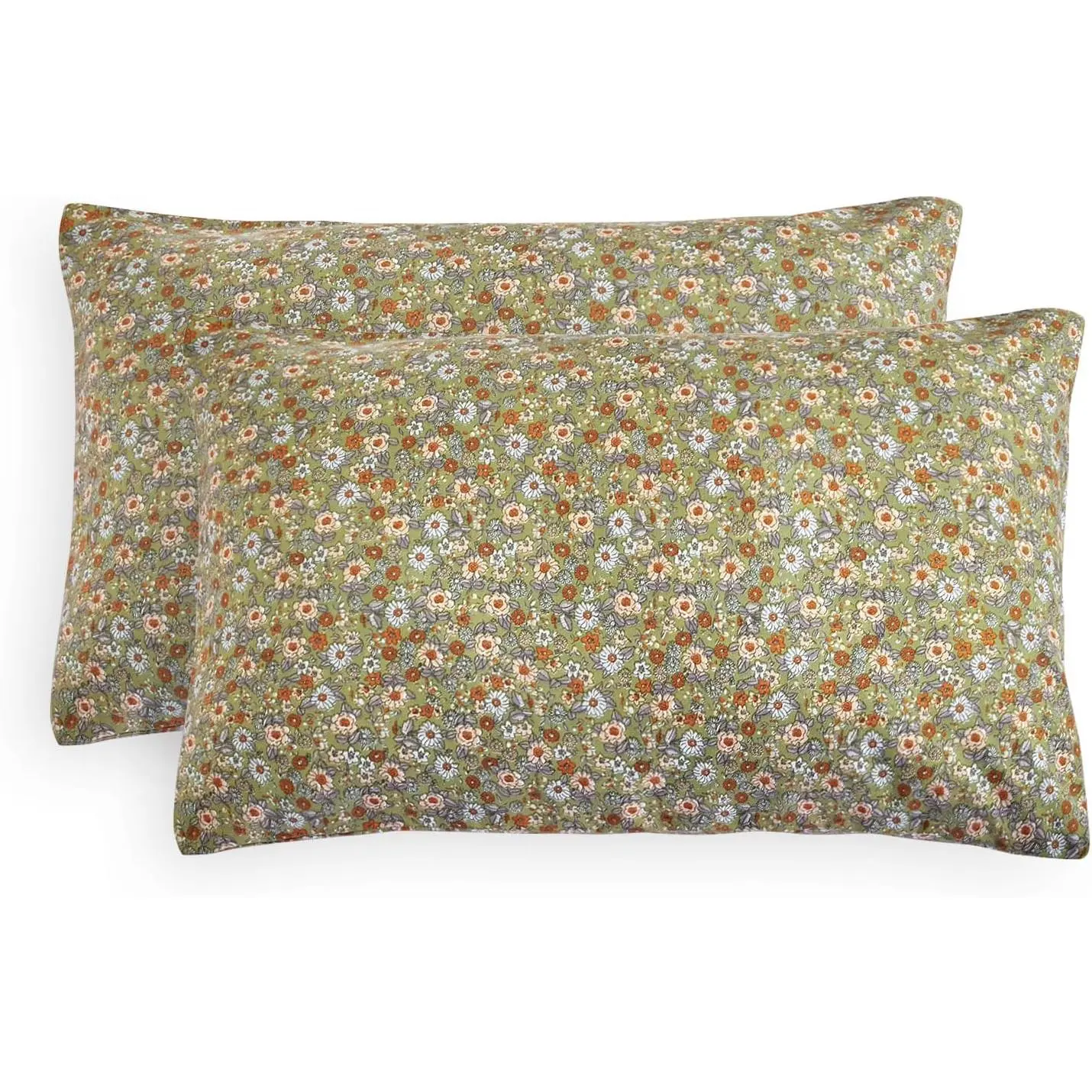 Floral Pillow Cases, Cute Vintage Flower Shabby Chic Coquette Cottagecore Aesthetic, Set of 2 Soft Pillowcases Pillow Shams Covers, Olive Green, King Size 20x36 Inches