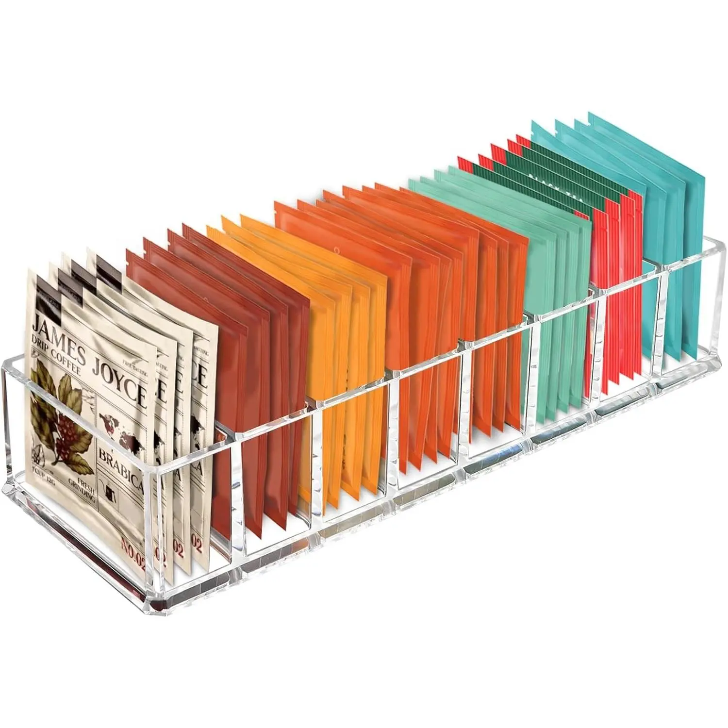 Tea Bag Organizer, Tea Holder, Tea Organizers and Storage, 1 Pack | Acrylic Tea Organizer, Clear Tea Bag Holder, 8 Slot Tea Bag Storage Container for Drawer, Pantry, Kitchen, Cabinet Countertop