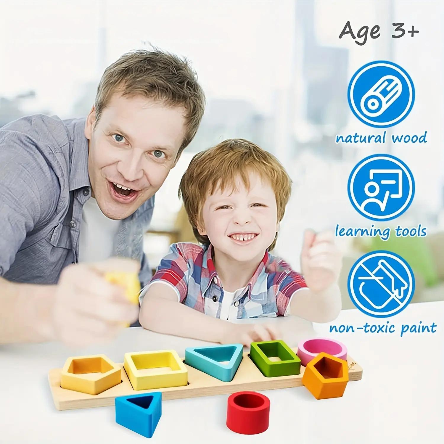 1 Set Color Sorting & Stacking Toy, Wooden Shape Sorter Building Blocks, Colorful Color Recognition Shape Classification Educational Blocks Toy for Kid