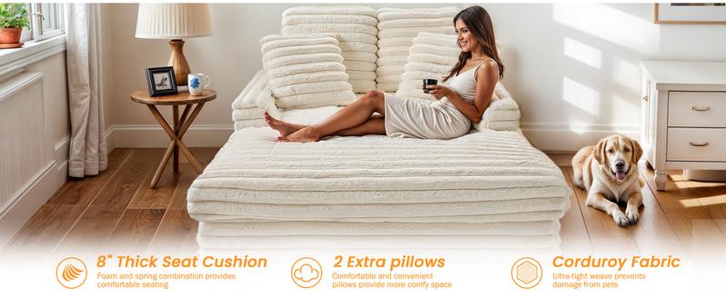 【2 packages】Oversized Chaise Lounge Chair Indoor with Throw Pillows and Armrests Oversized Indoor Sleeper Corduroy Chair Upholstered cofy Sofa resting Bed for Living Room, Bedroom wooden frame needs to be assembled.